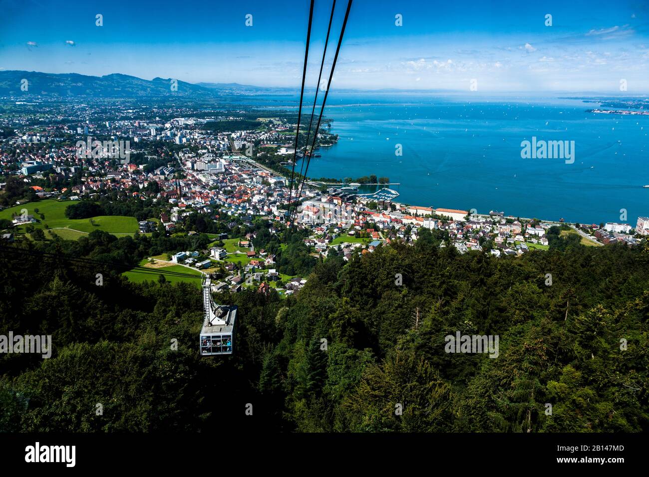 View of cable car direction Pfänder, Constance with Lake Constance with Rhine inflow and deep blue water with southern shore in the background, Bregenz, Vorarlberg, Austria, Europe Stock Photo