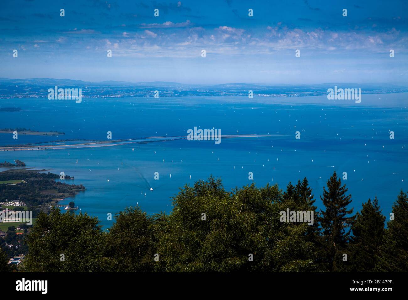 Bodensee with Rhine inflow and deep blue water with south bank, Bregenz, Vorarlberg, Austria, Europe Stock Photo