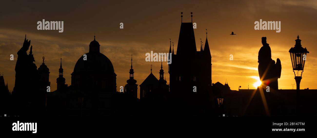 Praghe - The Charles bridge silhouette at the sunrise. Stock Photo