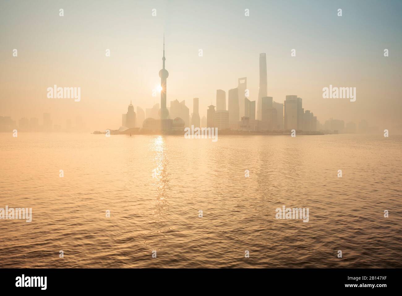 Shanghai skyline with Oriental Pearl Tower and Shanghai Tower at sunrise, Lujiazui, Pudong, Shanghai, China, Asia. Stock Photo