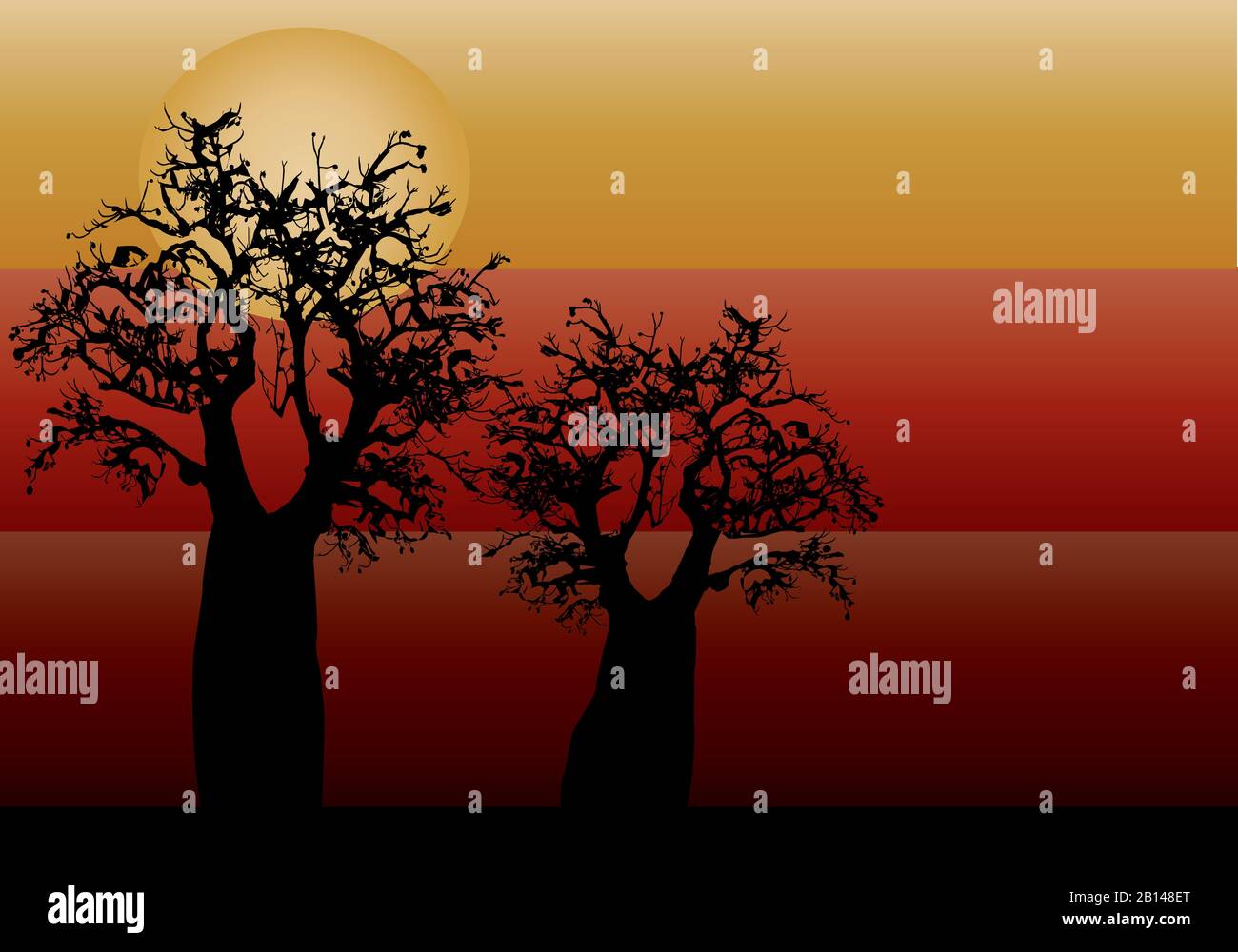 Boab tree with three different colors in the background of red yellow and orange Stock Photo