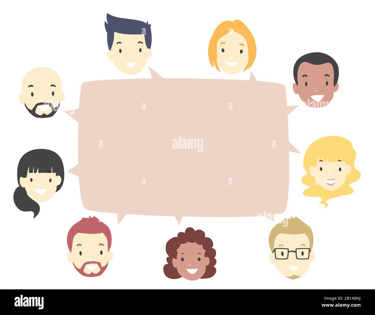 Illustration of Diverse Group of Man and Woman Head Around a Big Speech Bubble Stock Photo