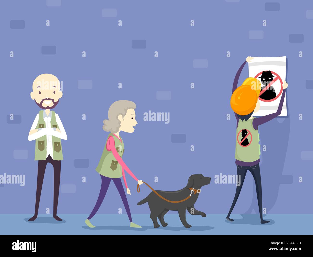 Illustration of Man and Woman Wearing Vests as Part of Neighborhood Watch Group with One Woman Walking with Dog and Another Posting Poster on Wall Stock Photo
