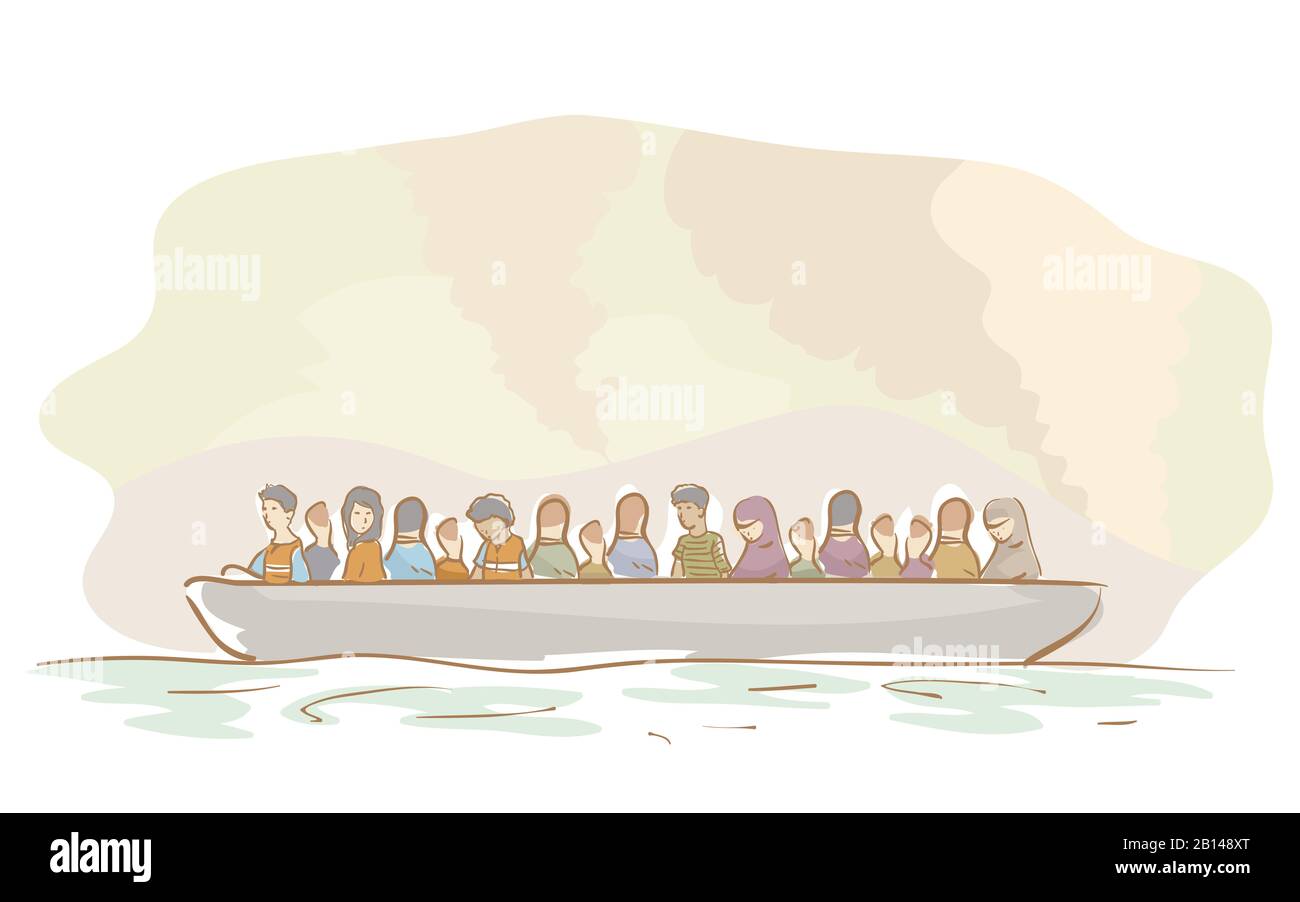 Illustration of Man and Woman War Victims Refugee Riding a Boat in the Middle of the Sea Stock Photo