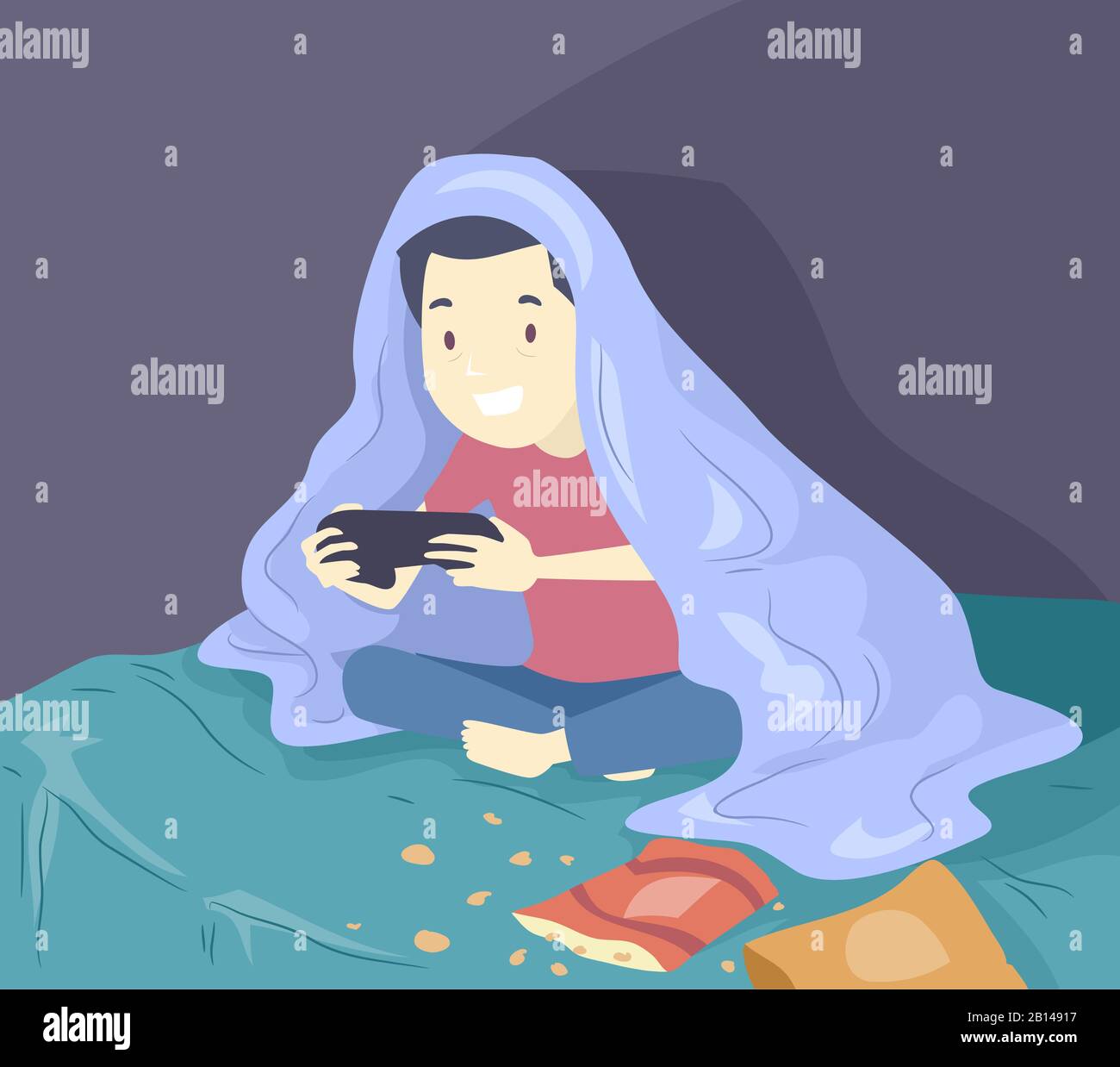 Illustration of a teenage guy staying up late at night sitting on bed
