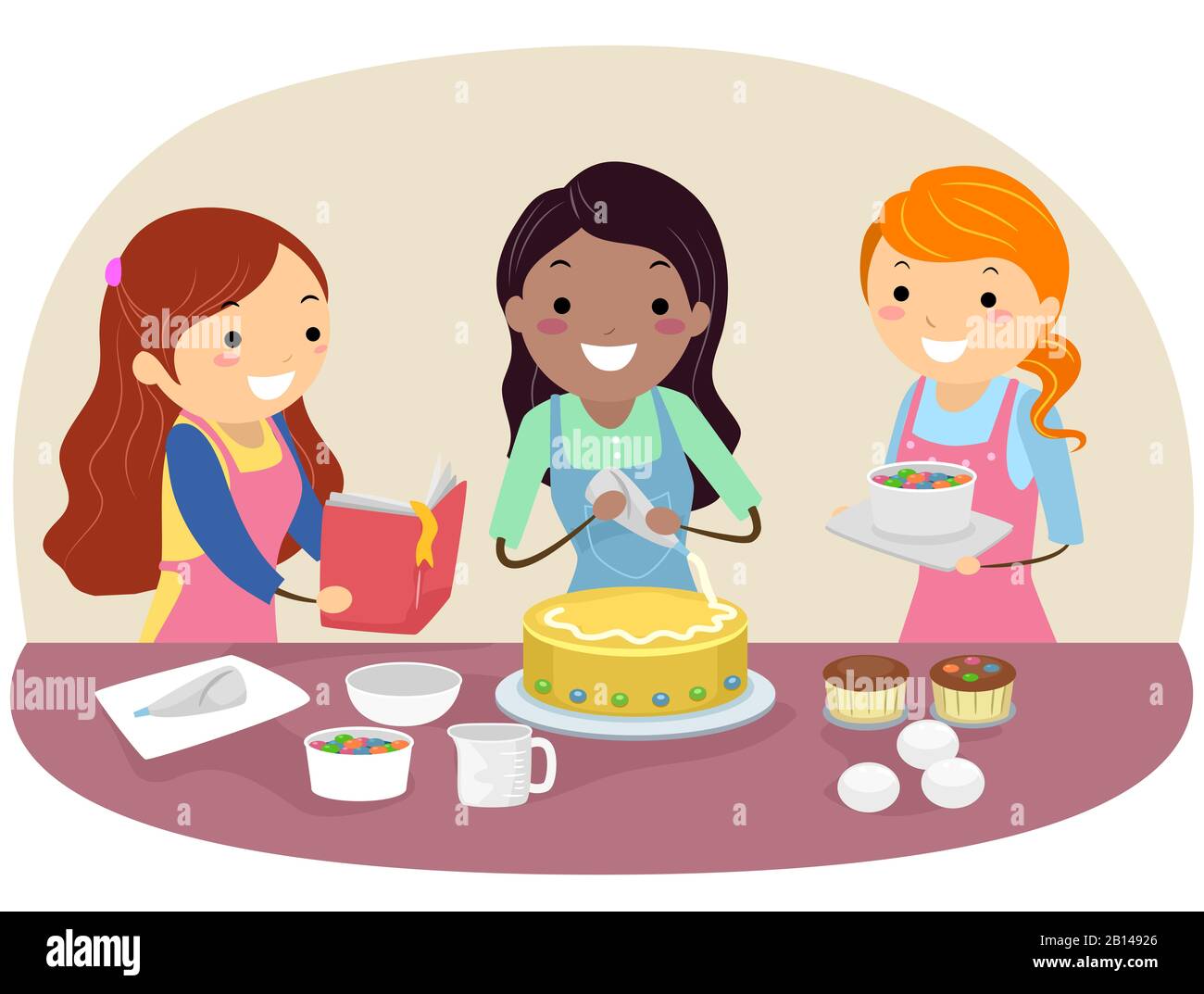 The Girl Bakes And Decorates The Cake With Cream Using A Cooking Syringe  Stock Illustration - Download Image Now - iStock