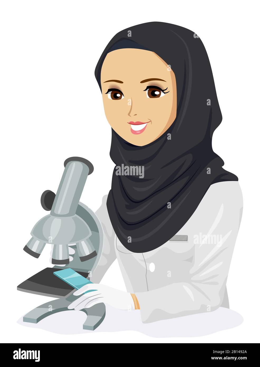 Illustration of a Teenage Girl Student in Qatar Wearing Hijab, Lab Gown