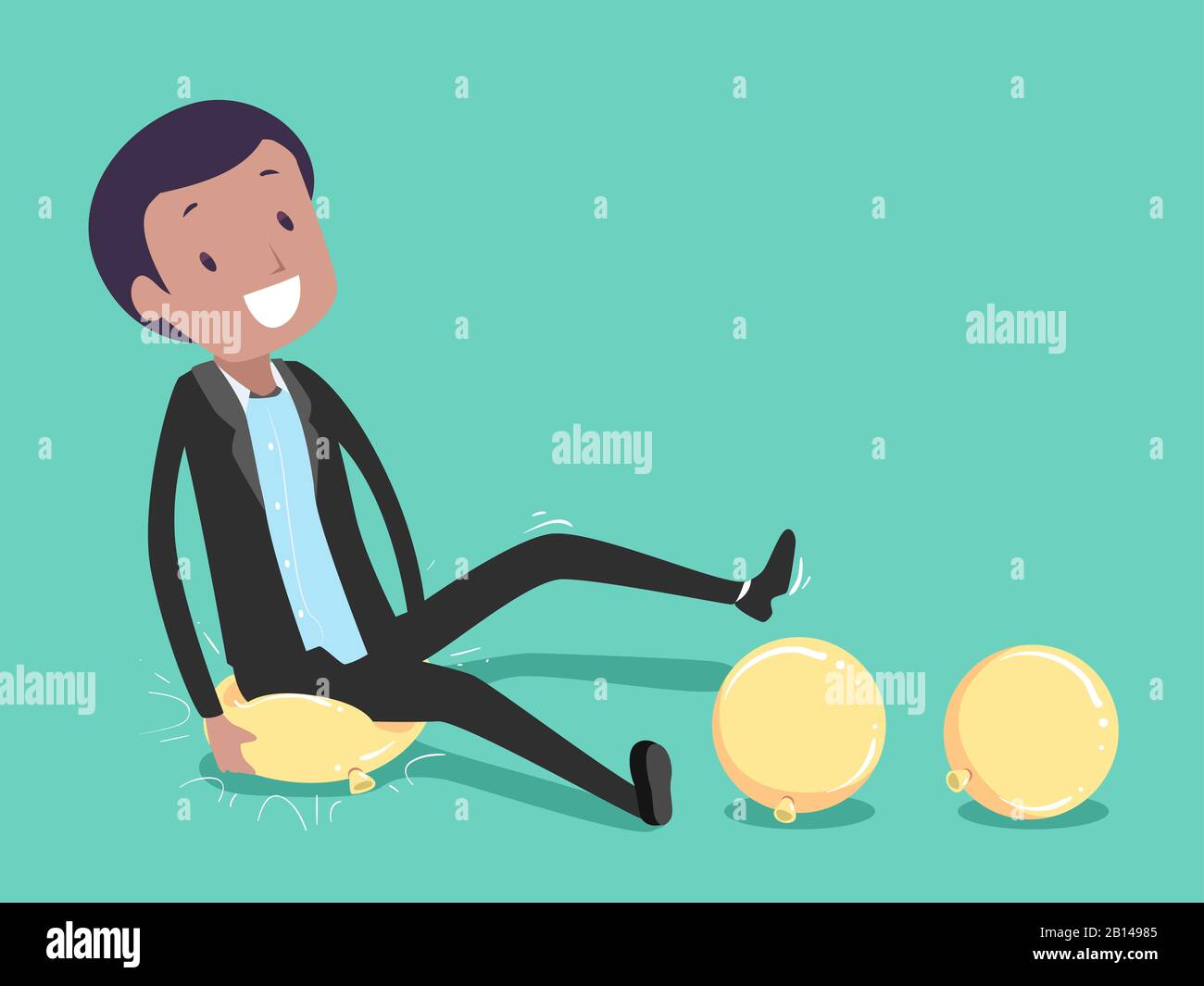 Illustration of a Man in Office Attire Popping Balloons by Sitting On Them In An Ice Breaker Game Stock Photo
