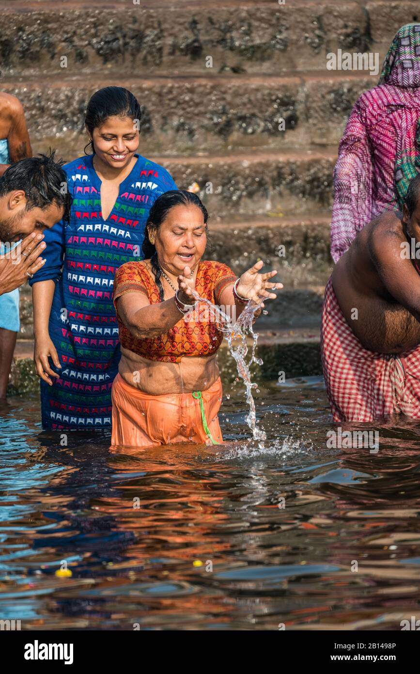 Local people have bath in the Ganga river, Varanasi, India, Asia Stock