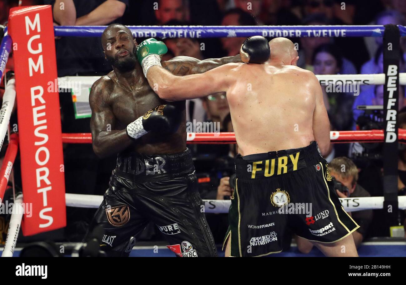 Deontay Wilder (left) and Tyson Fury during the World Boxing Council World Heavy Title bout at the MGM Grand, Las Vegas. Stock Photo