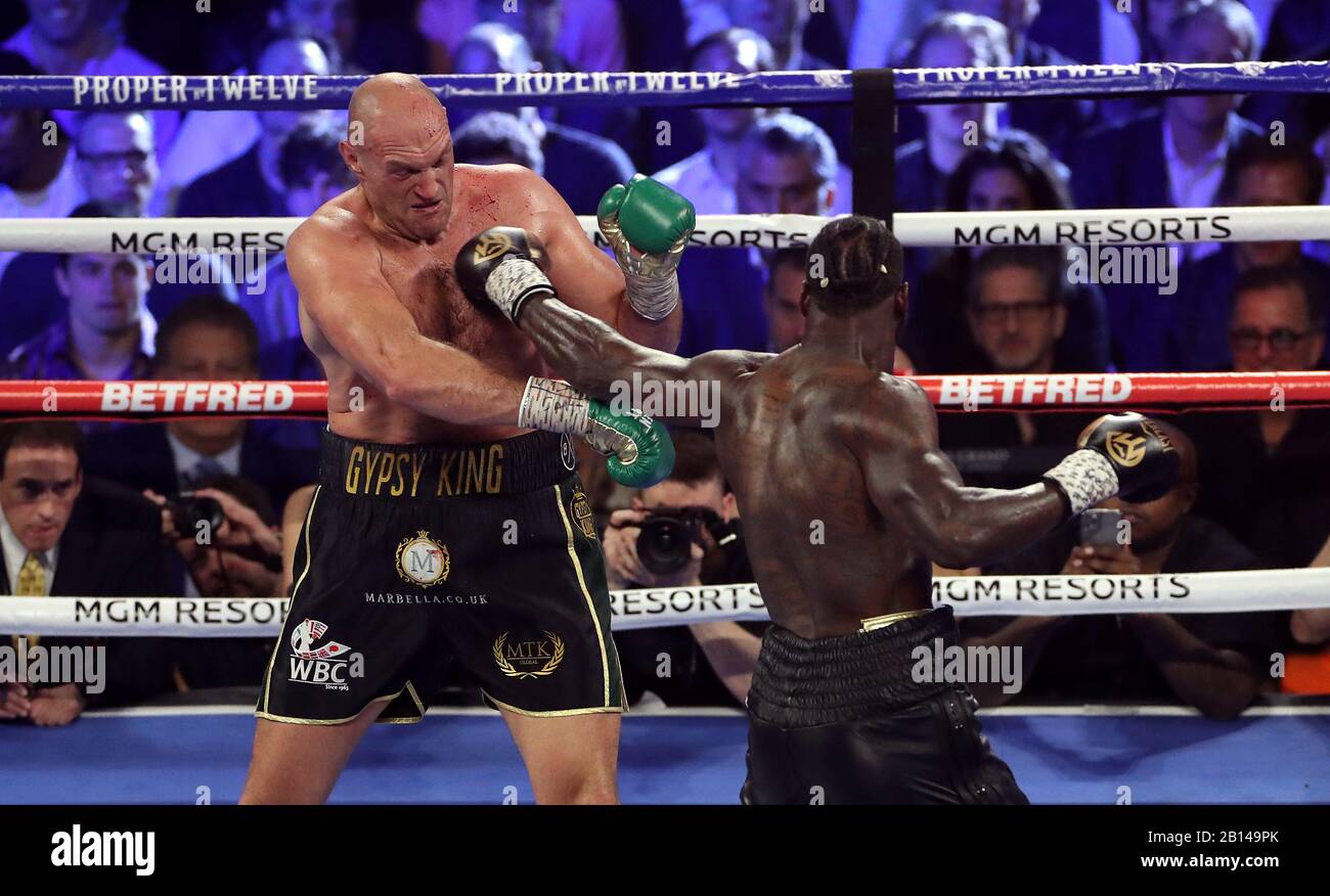 Tyson Fury (left) and Deontay Wilder during the World Boxing Council World Heavy Title bout at the MGM Grand, Las Vegas. Stock Photo