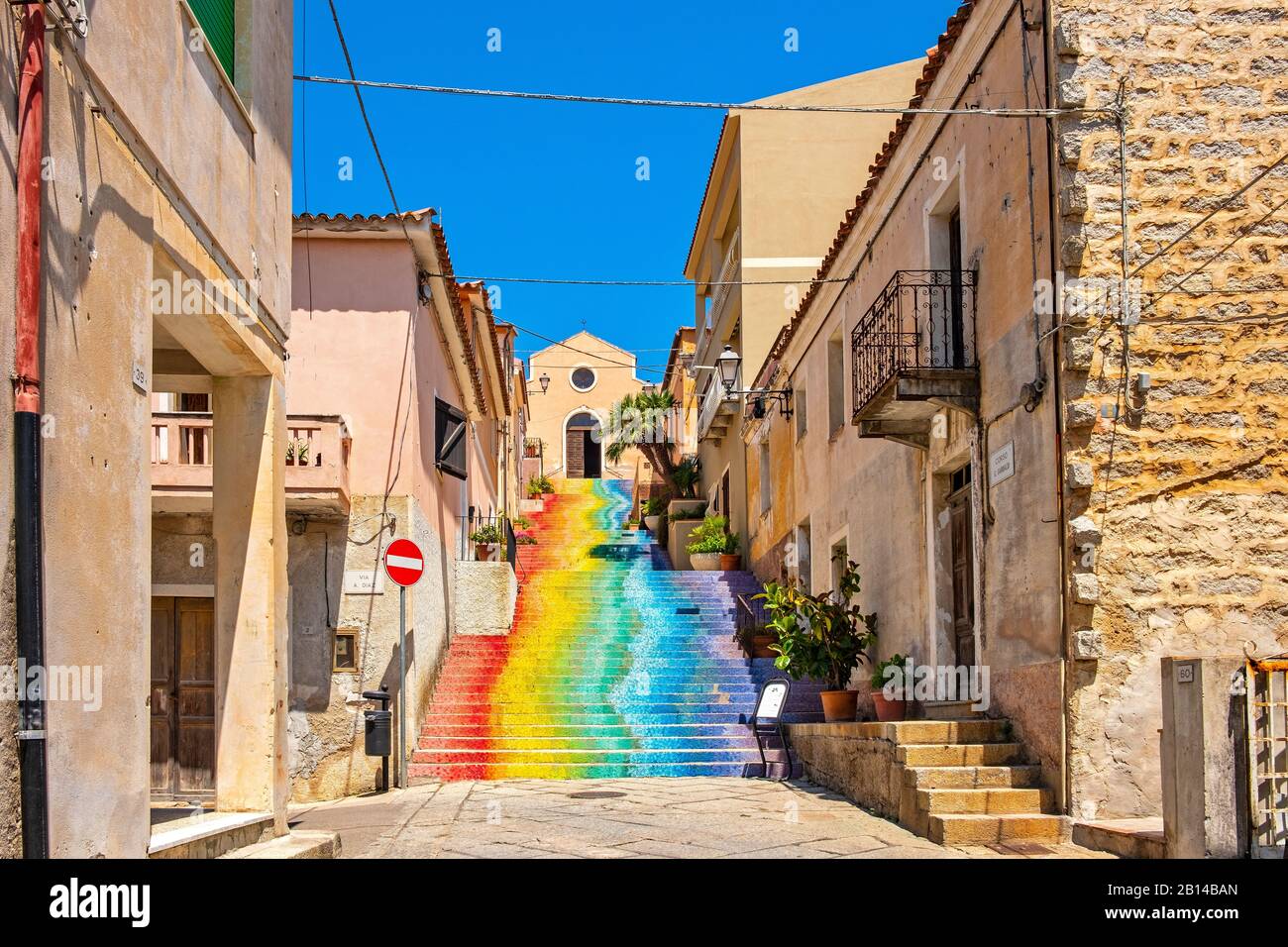 Arzachena, Sardinia / Italy - 2019/07/19: Stairs of Saint Lucia leading to Church of Saint Lucia - Chiesa di Santa Lucia - at Corso Garibaldi street Stock Photo