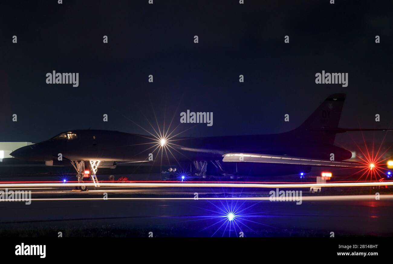 A U.S. Air Force B-1B Lancer aircraft assigned to the 9th Expeditionary Bomb Squadron, deployed from Dyess Air Force Base, Texas, prepares for take off from Andersen Air Force Base, Guam, to conduct bilateral training mission with Royal Australian Air Force Joint Terminal Attack Controllers (JTACs)  July 18, 2017. The mission was part of Talisman Saber 17, a training exercise designed to maximize combined training opportunities and conduct maritime preposition and logistics operations in the Pacific. (U.S. Air Force Photo by Staff Sgt. Joshua Smoot) Stock Photo