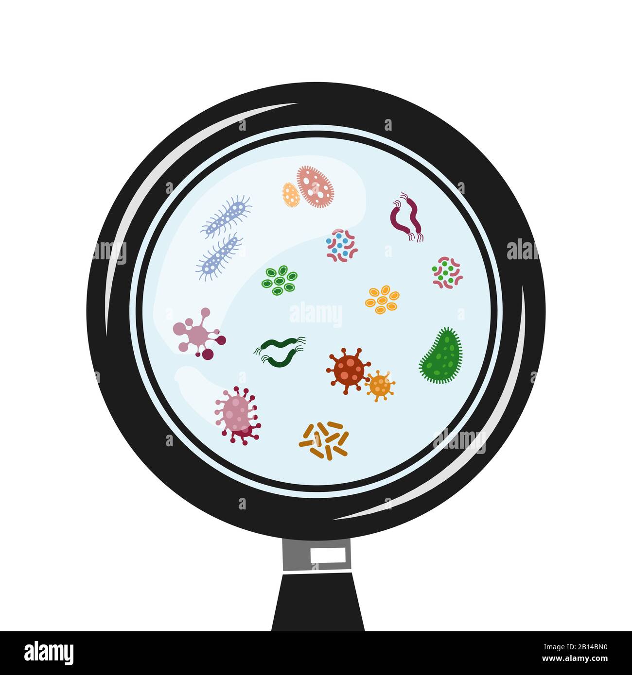 Viruses and microbes in the magnifier vector. Infection and illness illustration Stock Vector