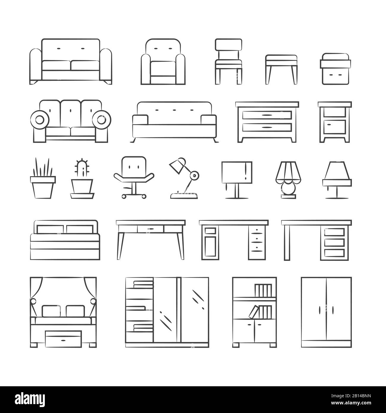 Hand drawn living room furniture icons on white background. Outline modern furniture illustration vector Stock Vector