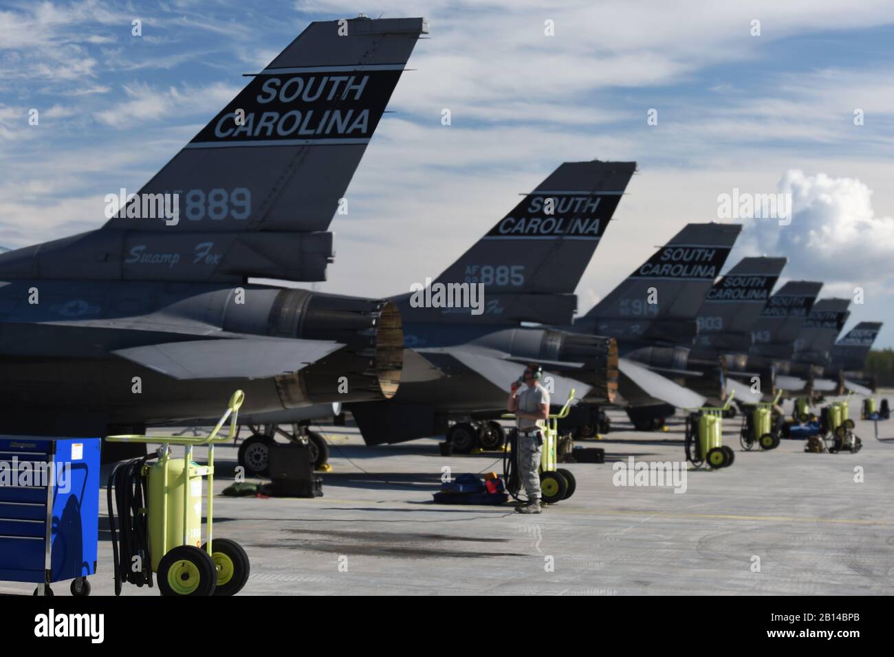 U.S. Air Force F-16 maintainers and pilots assigned to the Air National Guard’s 169th Fighter Wing from McEntire Joint National Guard Base, S.C., begin morning aircraft launch operations during week two in support of Arctic Challenge Exercise 2019 at Kallax Air Base, Luleå, Sweden, May 27, 2019. ACE 19 is a Nordic aviation exercise that provides realistic, scenario-based training to prepare forces for enemy defensive systems. U.S. forces are engaged, postured and ready to deter and defend in an increasingly complex security environment. (U.S. Air National Guard photo by Senior Master Sgt. Edwa Stock Photo