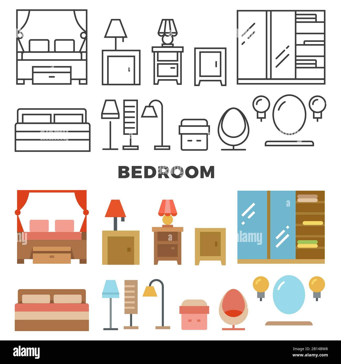 Bedroom furniture and accessories collection - flat furniture icons. Bed and chair interior, vector illustration Stock Vector