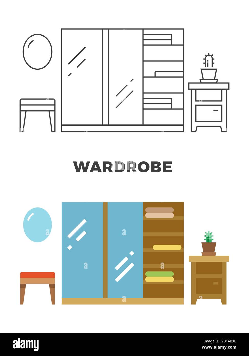 Wardrobe concept design - flat and line style furniture interior. Vector illustration Stock Vector