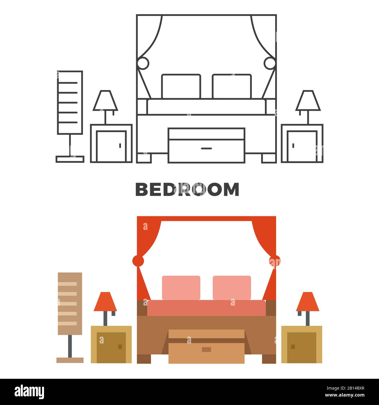 Bedroom concept - flat style and line style bedroom apartment furniture, vector illustration Stock Vector
