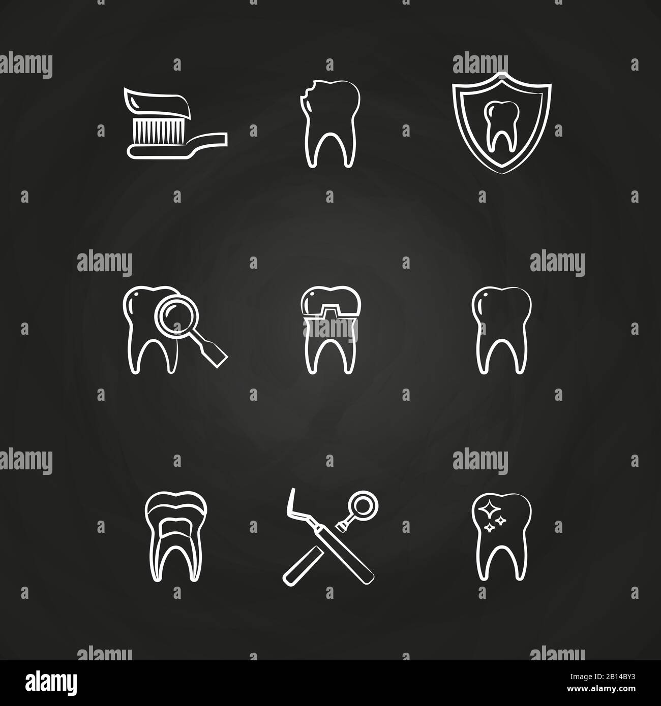 Dental icons set - teeth line icons on chalkboard. Dental set icons drawing, vector illustration Stock Vector