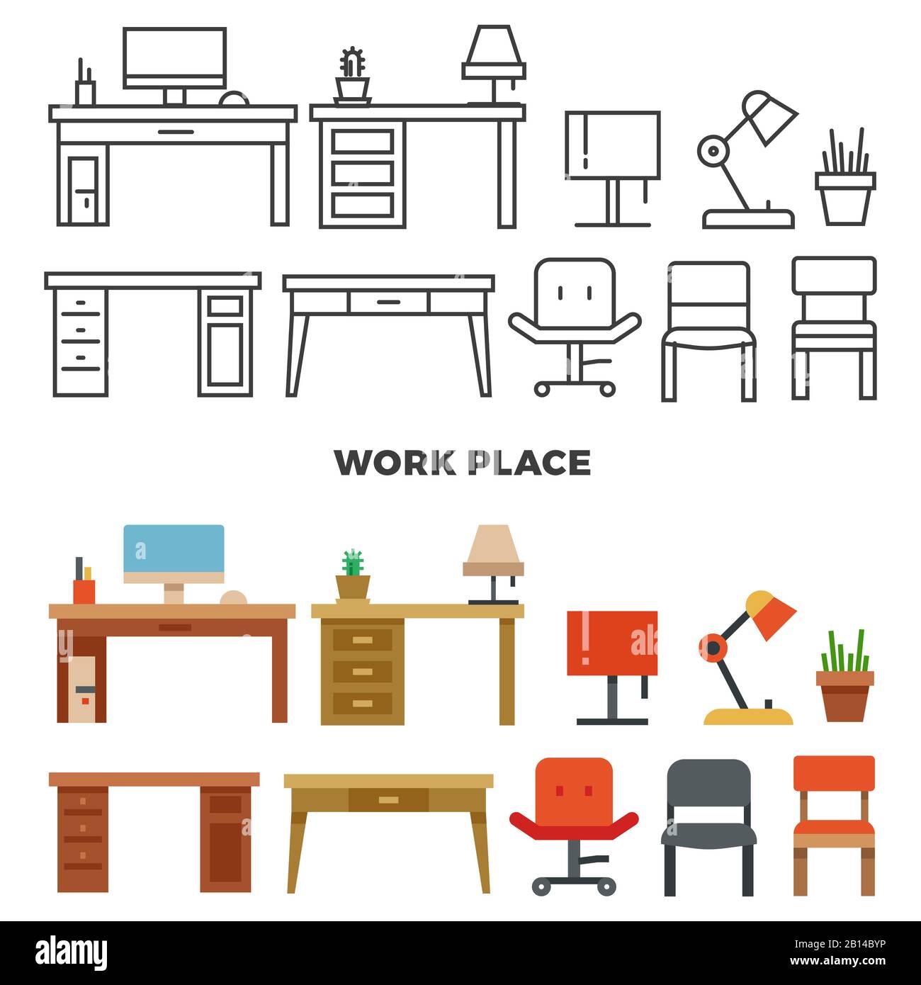Work place furniture and collection - flat home design icons. Interior for living room illustration Stock Vector