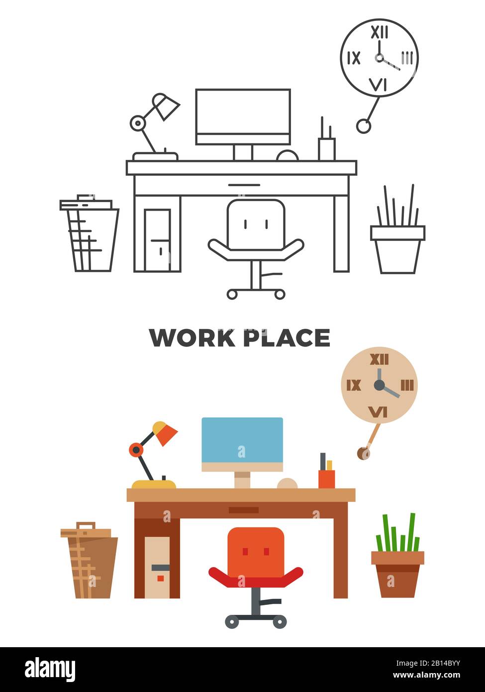 Work place concept - flat style and thin line style workplace interior modern, vector illustration Stock Vector
