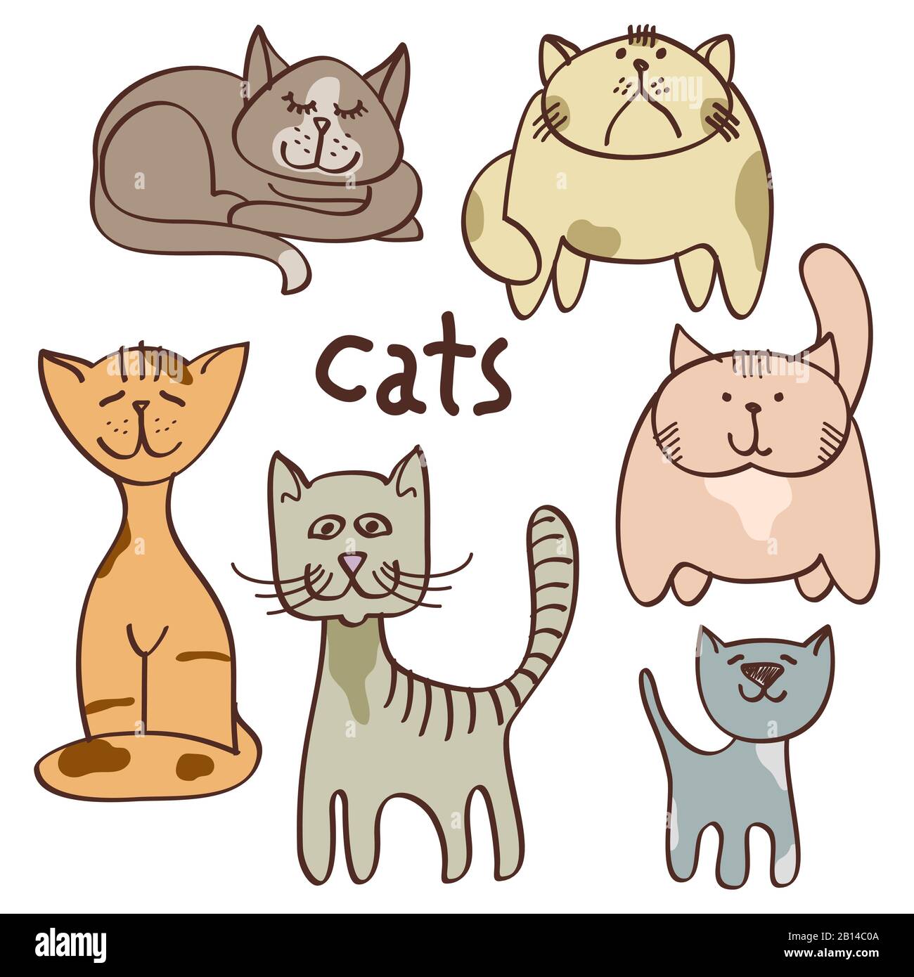 Colorful doodle cats isolated on white background. Set of color cats. Vector illustration Stock Vector