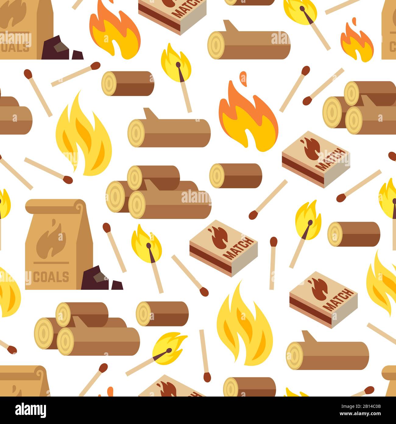 Fiery and wooden seamless pattern - matches, logs and bonfire seamless texture. Vector illustration Stock Vector