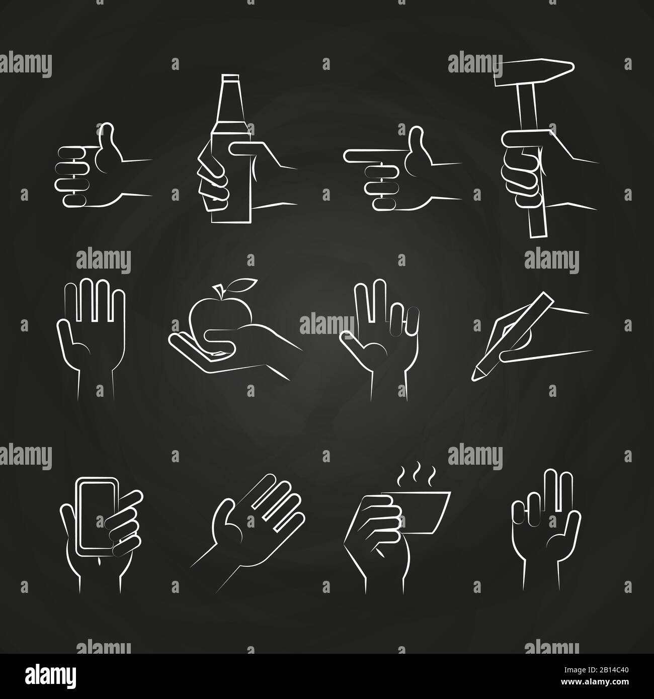 Hand icons with tools and elements on chalkboard. Vector illustration Stock Vector