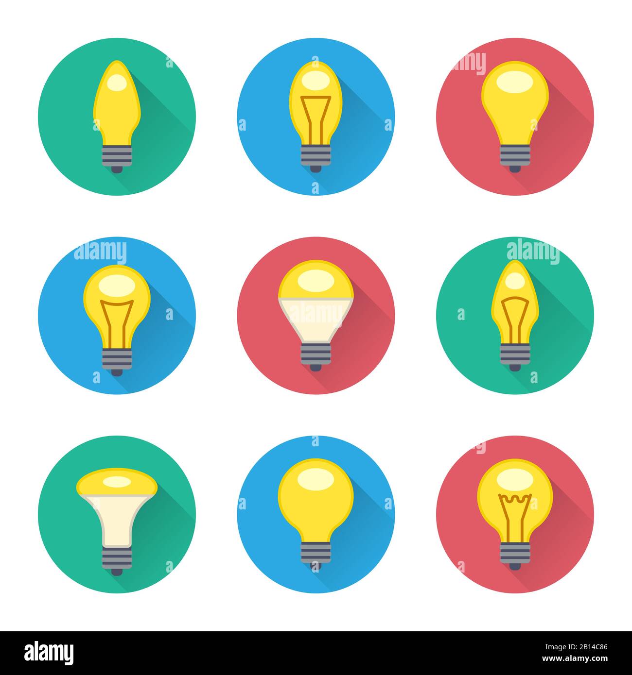 Colorful light bulbs flat icons set. Collection lamp idea in color round. Vector illustration Stock Vector