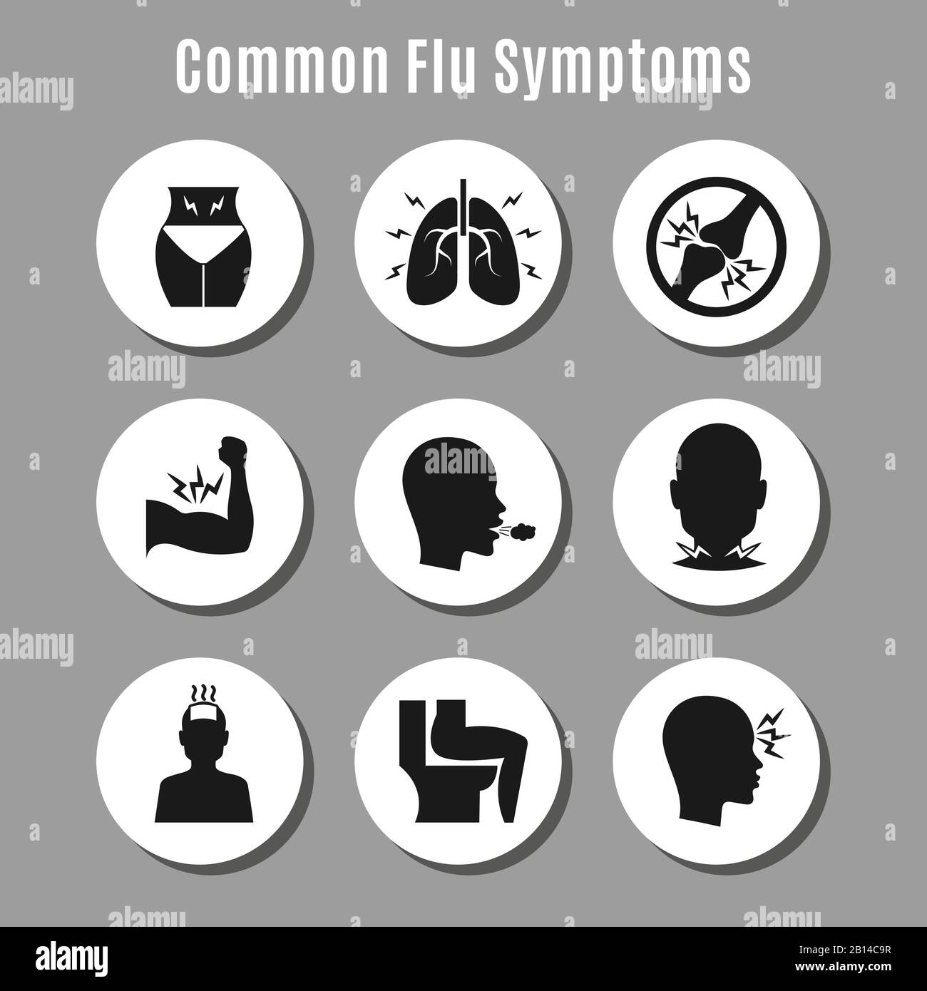 Flu influenza sickness symptoms icons on circles. Vector flat illustration Stock Vector