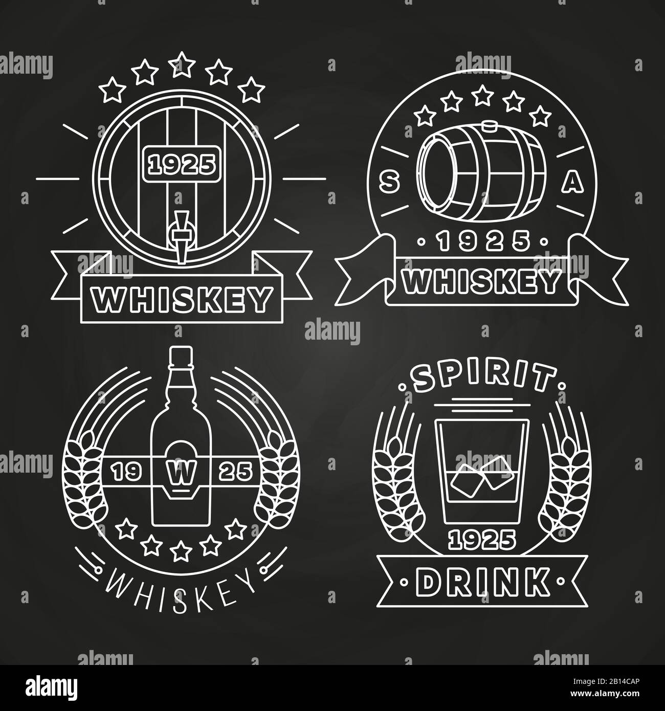 Whiskey and drink labels collection on chalkboard. Alcohol label, vector illustration Stock Vector