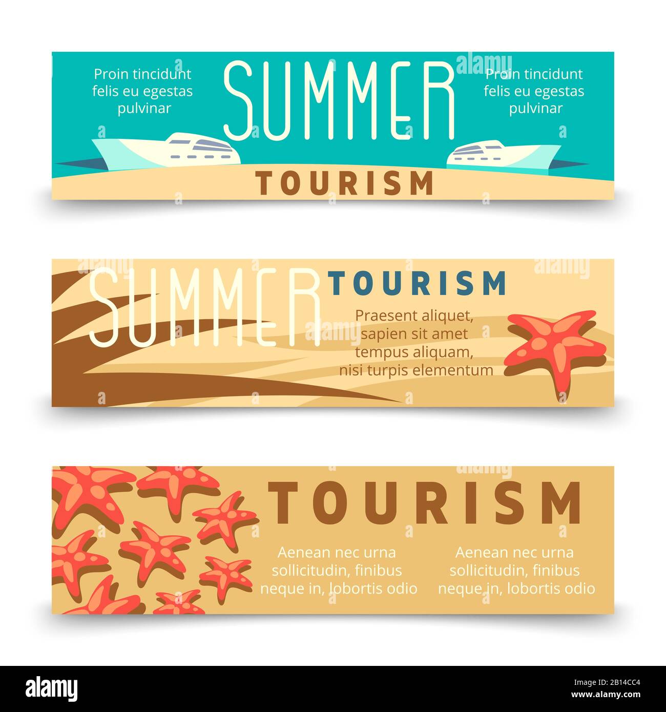 Summer tourism banner template with yacht and starfish. Tourism and travel, yacht and starfish on horizontal banner. Vector illustration Stock Vector