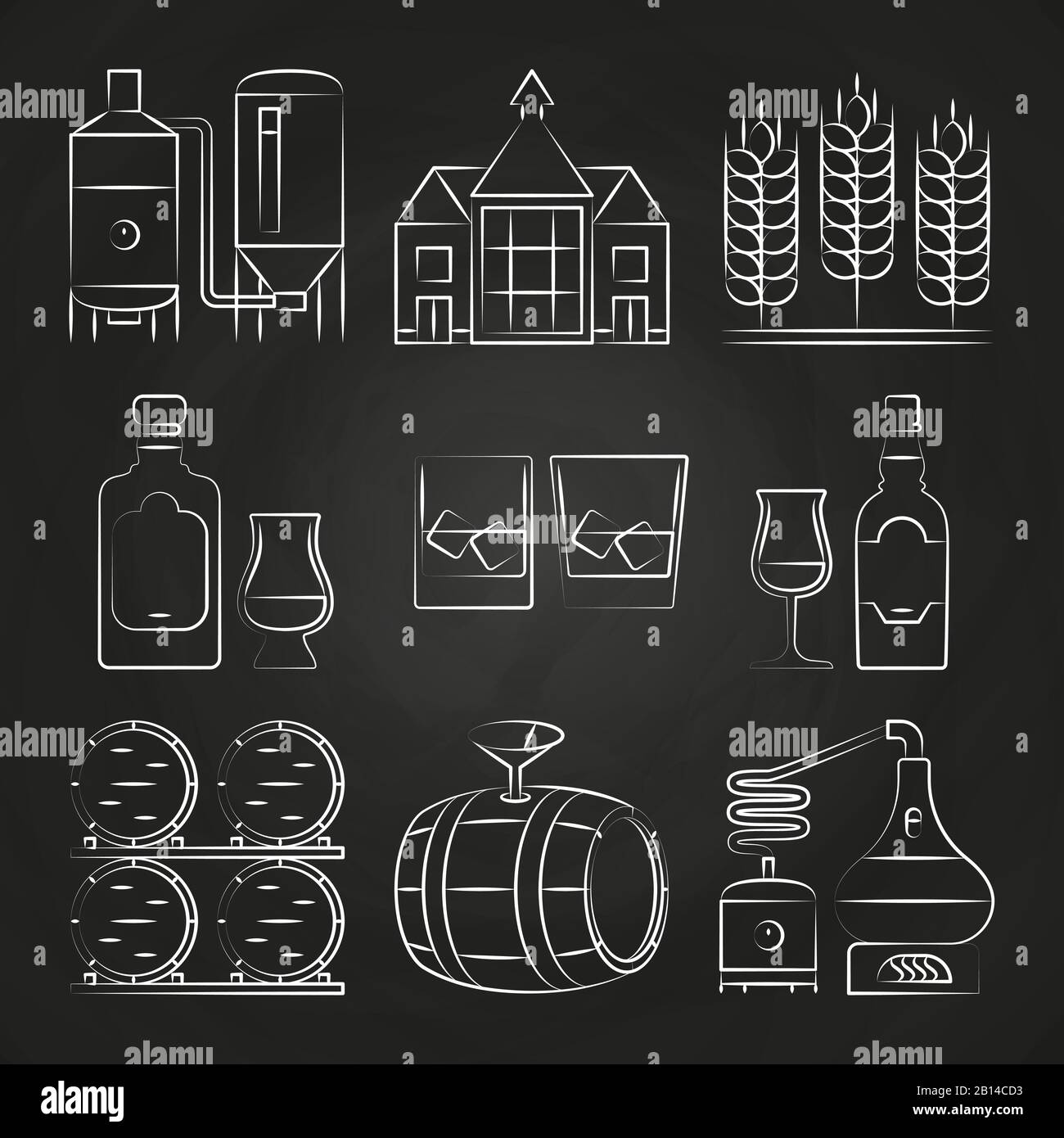 Whiskey process and icons on chalkboard. Distillery whiskey, vector