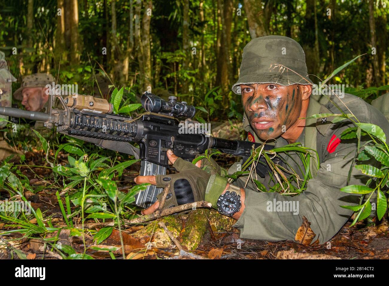 Fijian Lieutenant Amania Kuru, who serves as a platoon commander with Golf Company, 3rd Battalion, Fiji Infantry Regiment, leads a small unit during a Jungle Situational Training Exercise in Labasa, Fiji, August 1, 2019. The training is a portion of Pacific Pathways' Exercise Cartwheel 2019, which aims to strengthen relationships through bilateral military-to-military training, with the Republic of Fiji Military Forces. The exercise builds expeditionary readiness and interoperability, increasing capabilities to face crisis contingencies by developing and stressing units at the highest training Stock Photo