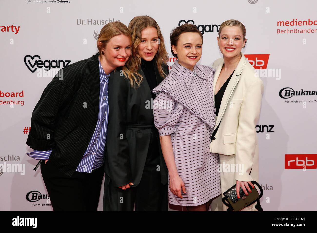 Berlin, Germany. 22nd Feb, 2020. 70th Berlinale, Medienboard Party: Leonie Krippendorff (l-r), Anna Lena Klenke, Lena Urzendowsky and Jella Haase at the Medienboard Party in the Hotel The Ritz-Carlton. The International Film Festival takes place from 20.02. to 01.03.2020. Credit: Gerald Matzka/dpa-Zentralbild/ZB/dpa/Alamy Live News Stock Photo