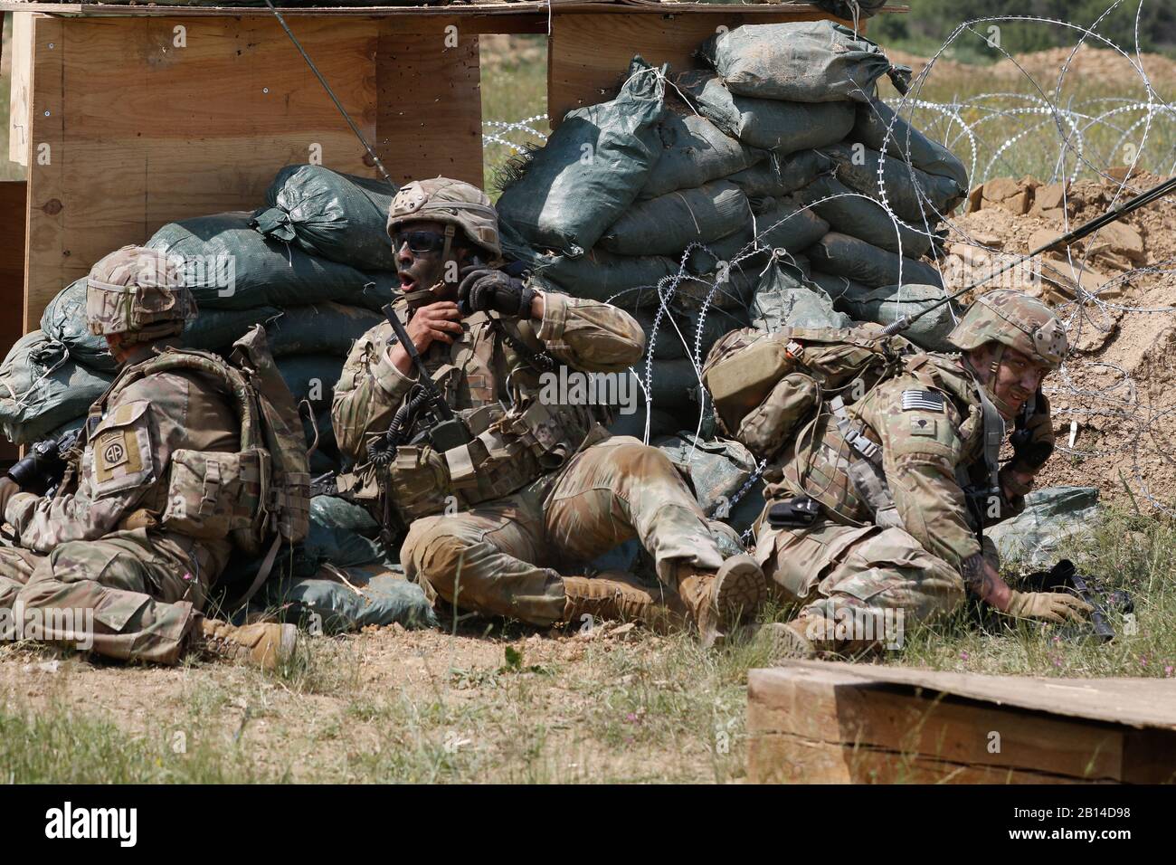 U.S. Army paratroopers assigned to the 2nd Brigade Combat Team, 82nd Airborne Division, call for fire during a combined arms live fire excercise in support of Swift Response 19 in Novo Selo Training Area, Bulgaria, June 22, 2019. Swift Response 19 is a U.S. Army Europe multinational exercise led by the U.S. Global Response Force to demonstrate the ability to deploy high readiness forces into a designated area, as well as advance airborne interoperability among NATO allies. (U.S. Army photo by Spc. Justin W. Stafford) Stock Photo