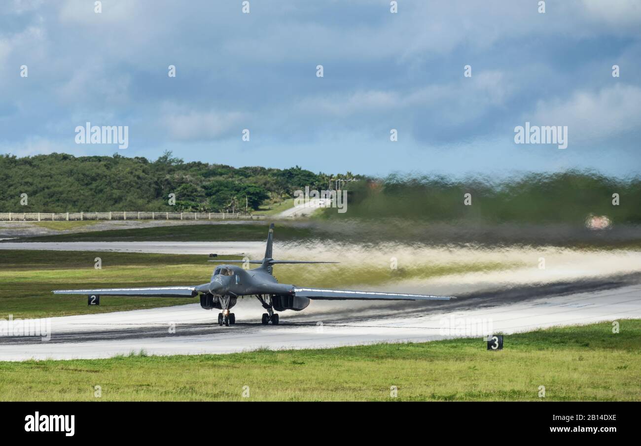 A U.S. Air Force B-1B Lancer assigned to the 37th Expeditionary Bomb Squadron, deployed from Ellsworth Air Force Base, South Dakota, takes off from Andersen Air Force Base, Guam, for a 10-hour mission, flying in the vicinity of Kyushu, Japan, the East China Sea, and the Korean peninsula, Aug. 8, 2017. During the mission, two B-1Bs were joined by Japan Air Self-Defense Force F-2s as well as Republic of Korea Air Force KF-16 fighter jets, performing two sequential bilateral missions. These flights with Japan and the Republic of Korea (ROK) demonstrate solidarity between Japan, ROK and the U.S. t Stock Photo