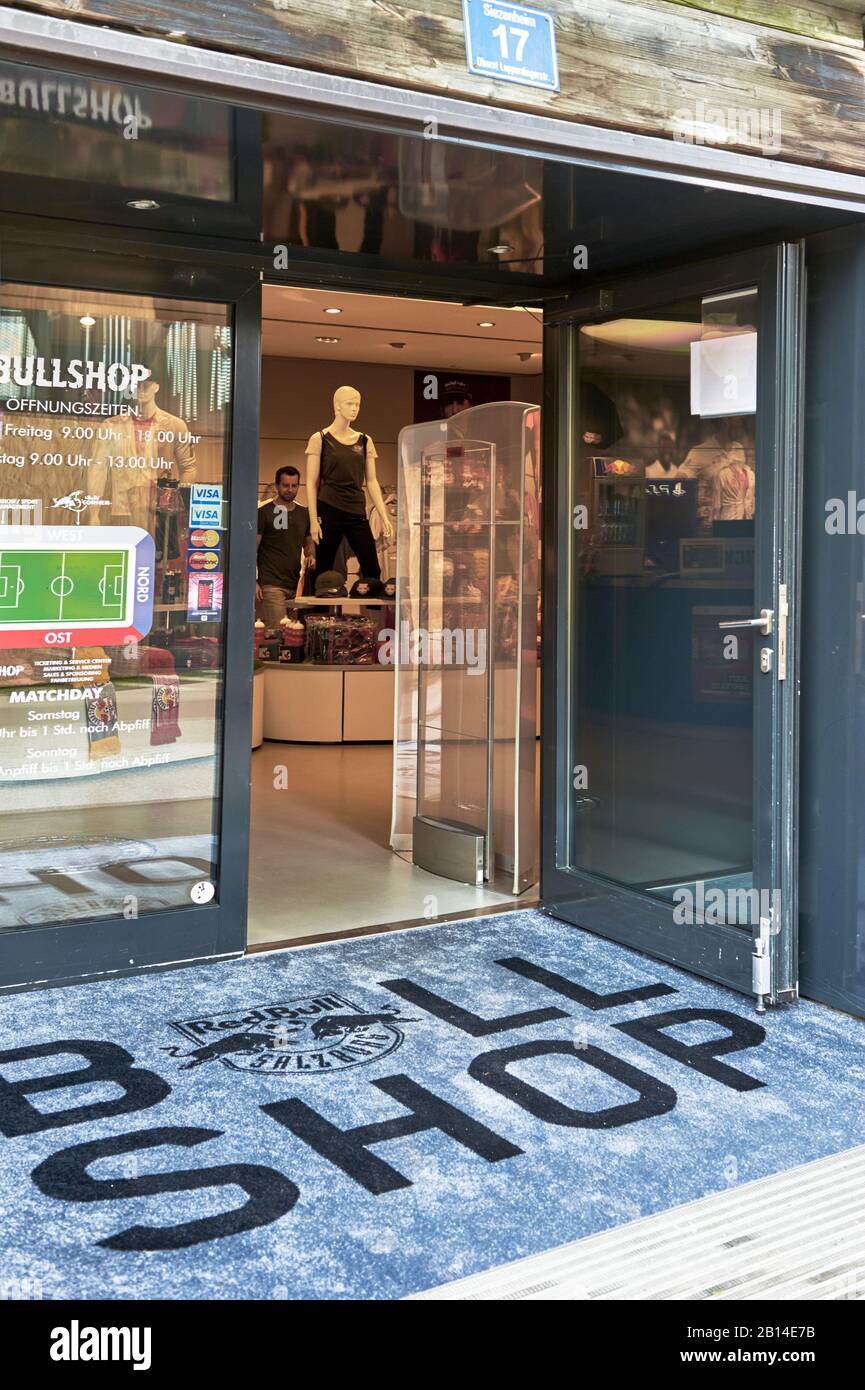 Entrance to the official fan shop of FC Red Bulls Salzburg Stock Photo