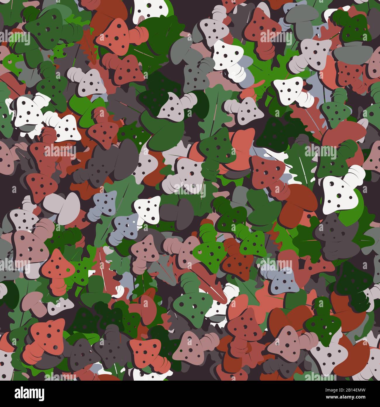 Seamless pattern with mushrooms and foliage. Vector image Stock Vector