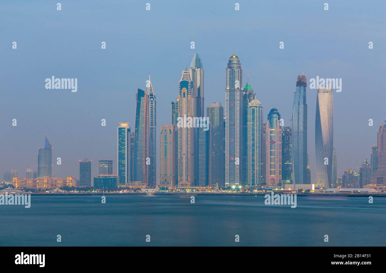 Dubai - The evening Marina towers. Stock Photo
