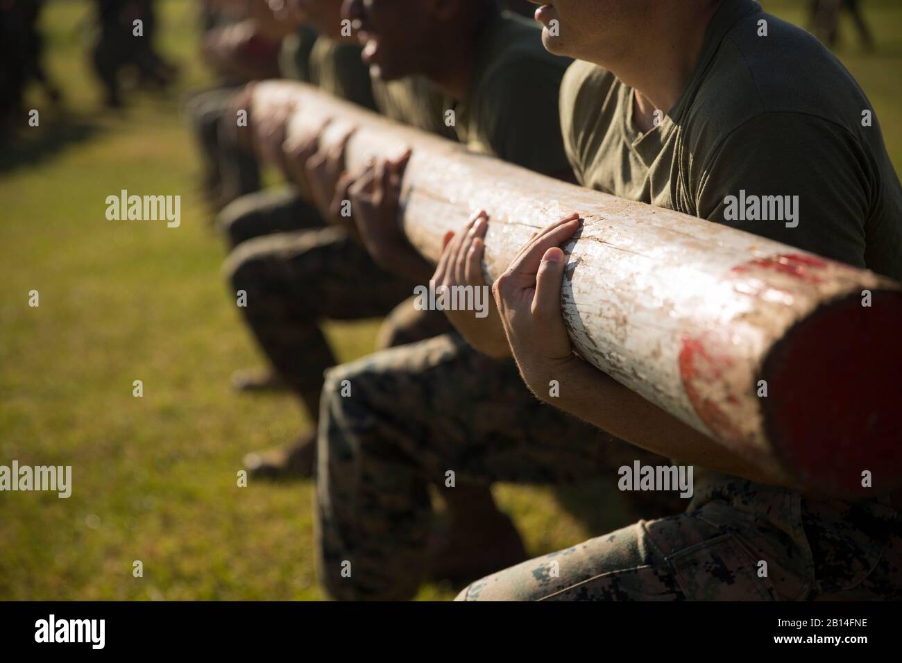 U.S. Marines with the Logistics Combat Element (LCE), Marine Rotational Force – Darwin (MRF-D), conduct log lunges during a field meet at Robertson Barracks, Darwin, Australia, July 22, 2019. The LCE Marines held the field meet to conduct physical training while providing the opportunity to build comradery through competition. (U.S. Marine Corps photo by Staff Sgt. Jordan E. Gilbert) Stock Photo