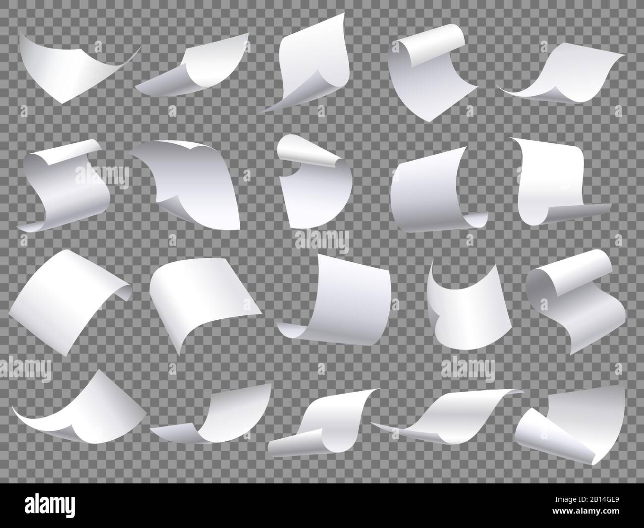 Flying paper pages. Falling papers documents sheets, document with curved corner and fly page sheet isolated vector objects set Stock Vector
