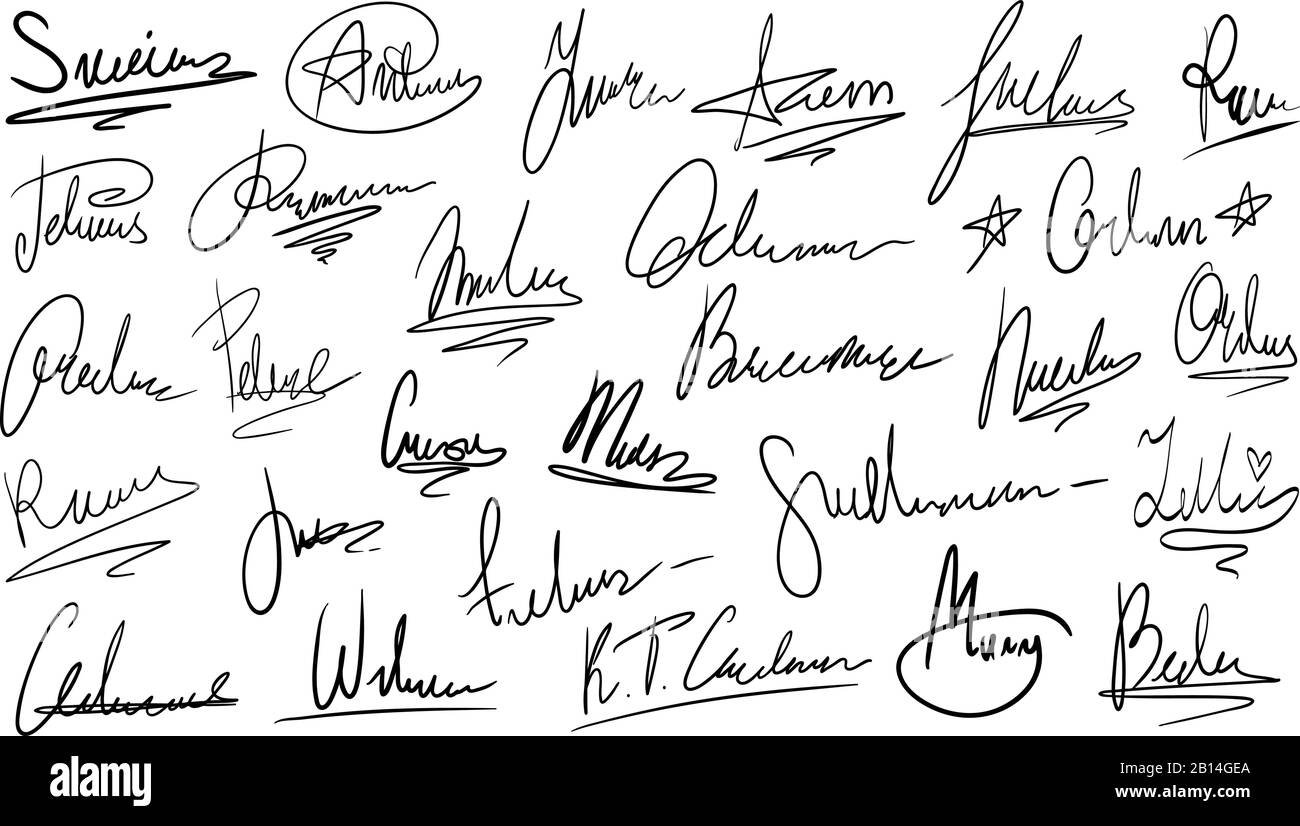 Handwritten signature. Manual signatures, manuscript sign for documents and hand drawn autograph lettering isolated vector set Stock Vector