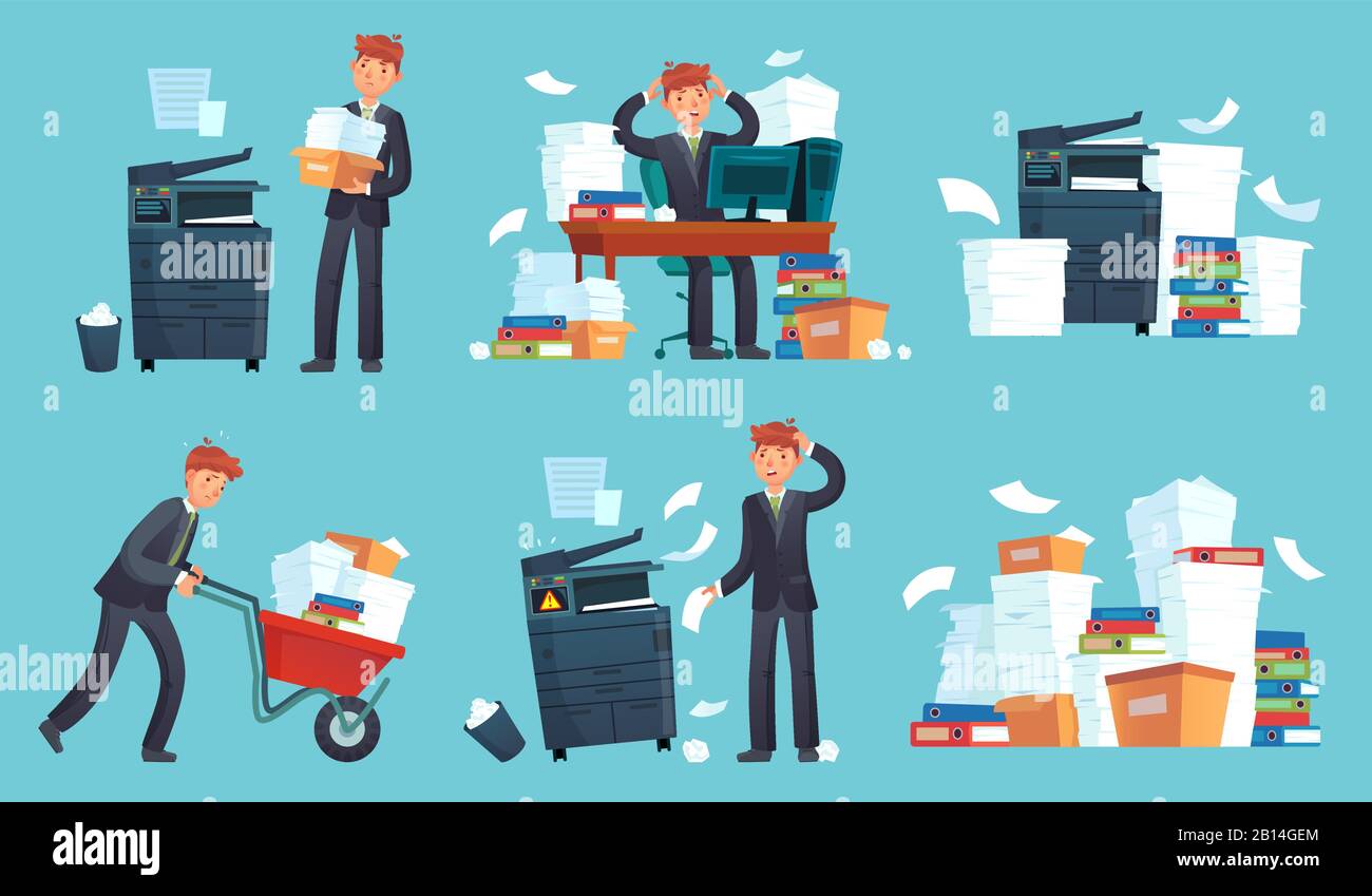 Office documents copier. Printed business papers, businessman broke printer and documents copy machine cartoon vector illustration Stock Vector
