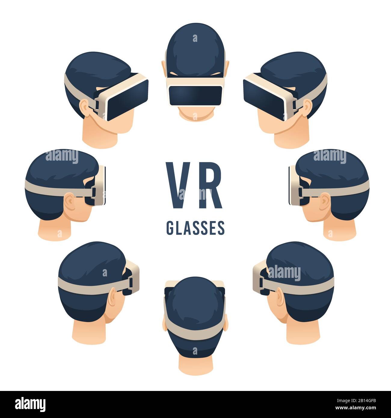 Head in vr glasses. Isometric virtual reality headset game or education experience. Isolated vector illustration set Stock Vector