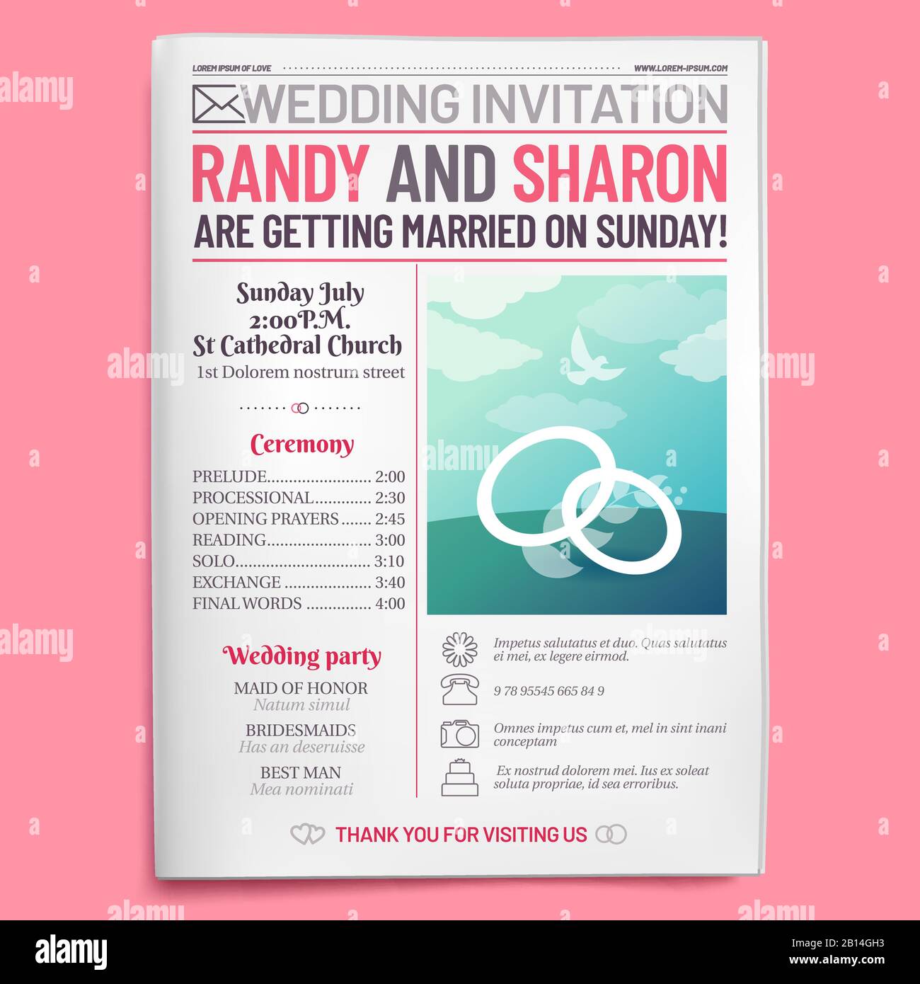 Wedding invitation tabloid. Newspaper front page, getting married brochure and old love journal layout vector illustration Stock Vector