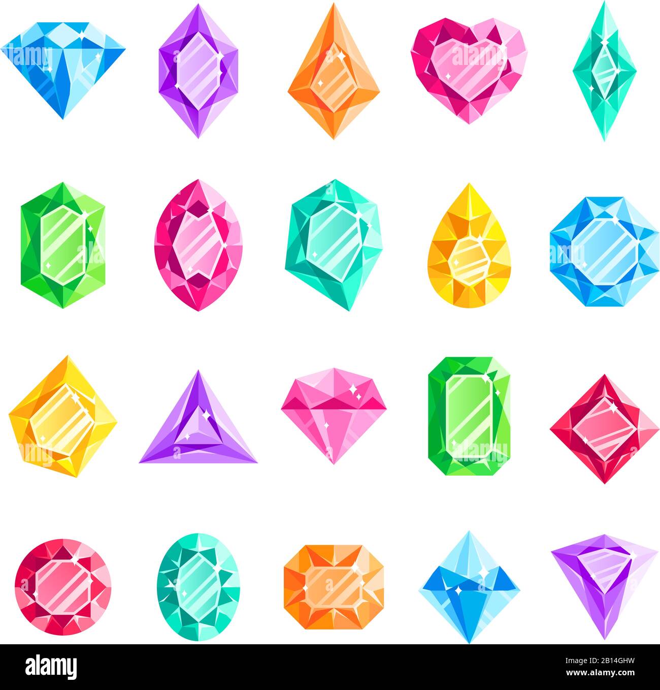 Jewels gems. Jewelry diamond, jewel heart crystal gem and diamonds gemstone isolated vector illustration set Stock Vector