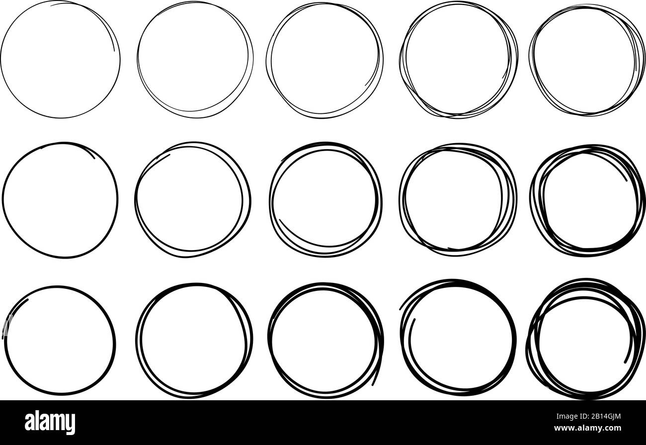 Sketch circles. Circular doodle frame, hand drawn pen stroke circle and circled frames isolated vector set Stock Vector