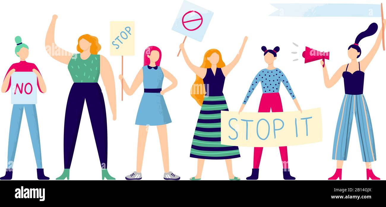 Women protesters. Female group protest, strong woman holding feminism placard and women rights manifestation flat vector illustration Stock Vector